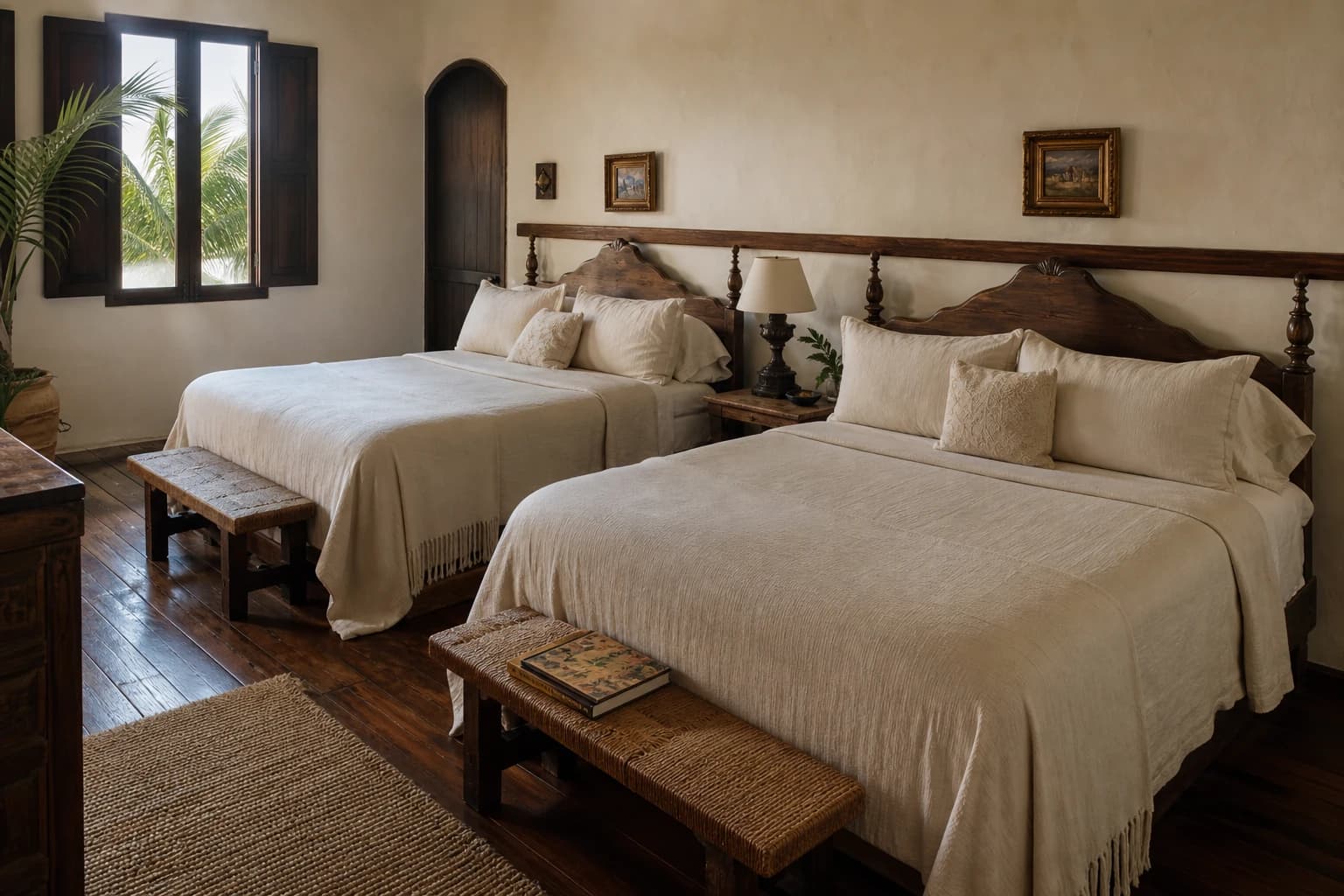 Atelier suite — two queen beds in long room, hand-loomed linens, easel rail behind