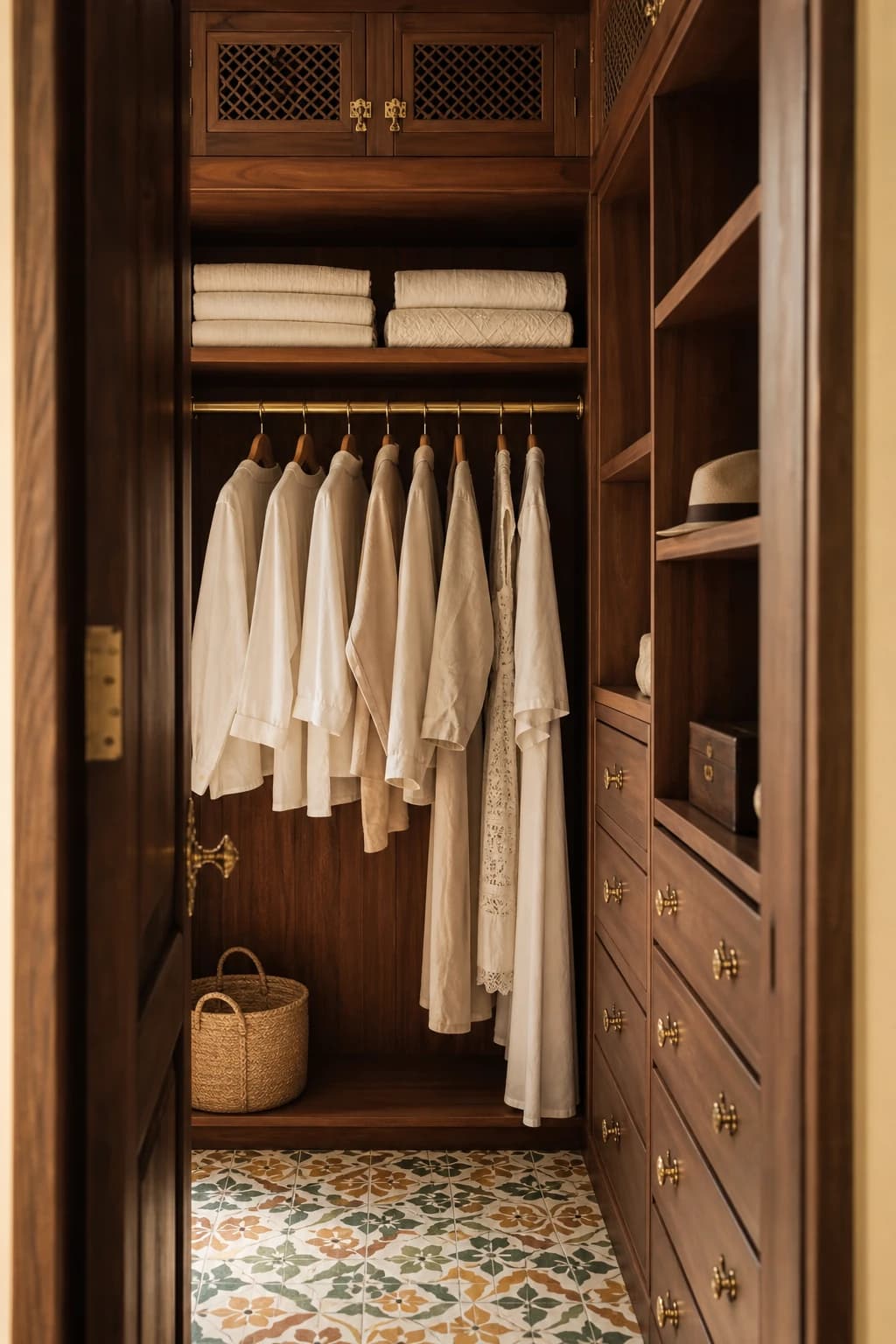 Bay suite — cedar-lined walk-in closet, brass hardware, hand-loomed linens