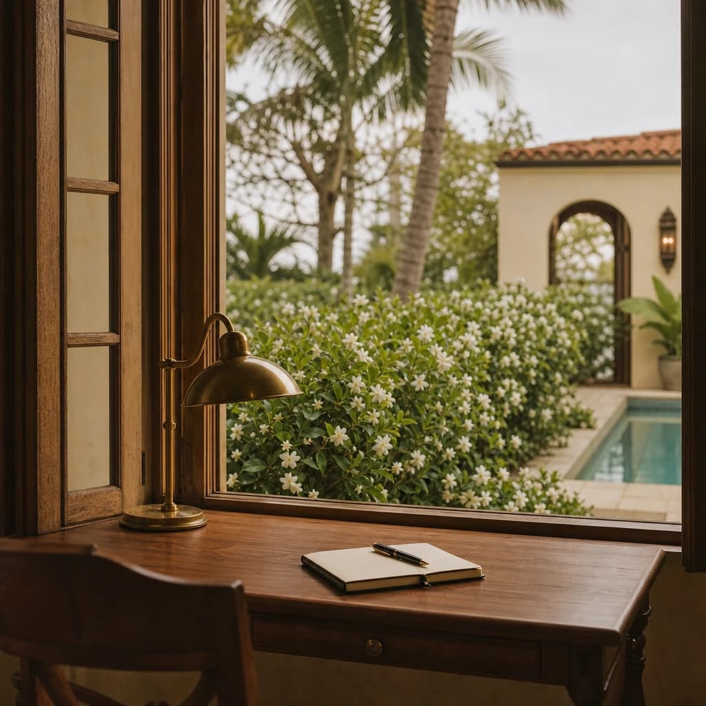 Garden suite — bay-window writing desk facing gardenia hedge, brass task lamp