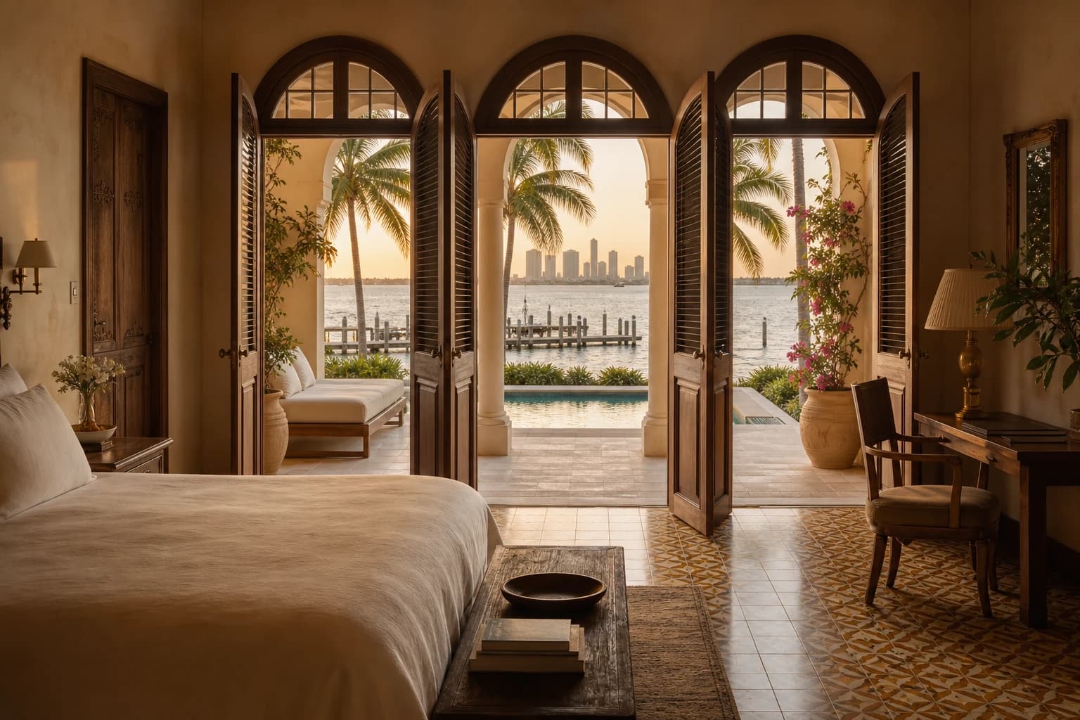 King suite — loggia with three arched doors open to dock and plunge pool, golden hour