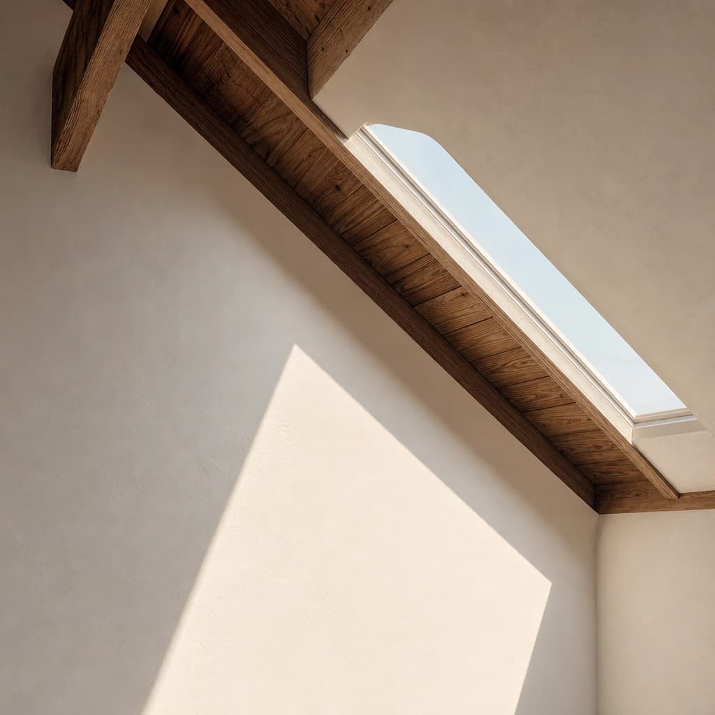 Loft suite — roof skylight cut into south slope, slanting morning light across white plaster
