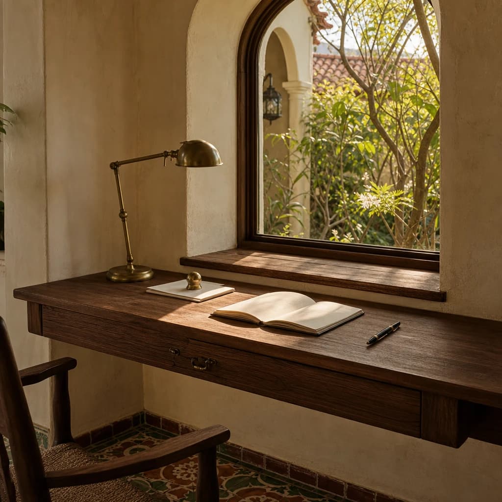 Studio suite — built-in writing desk under courtyard window, brass task lamp