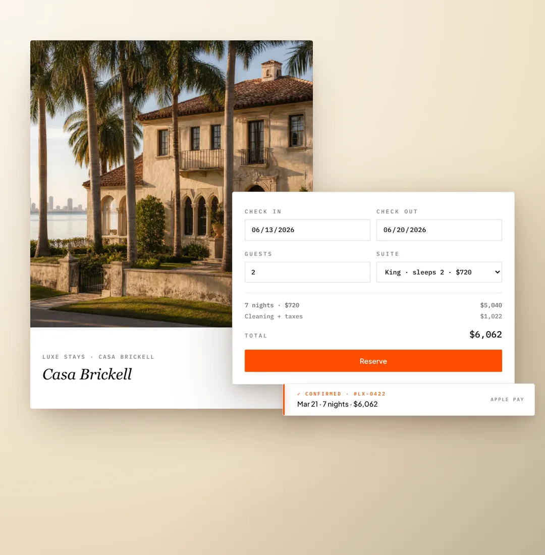 LUXE STAYS · editorial card + booking widget — booking site we shipped